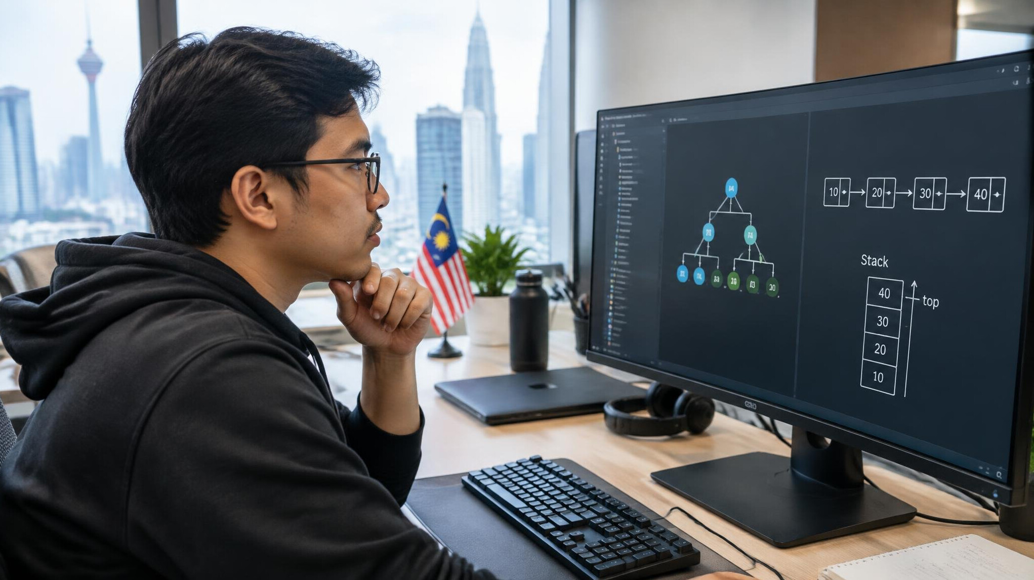 Software developer reviewing data structures on a monitor
